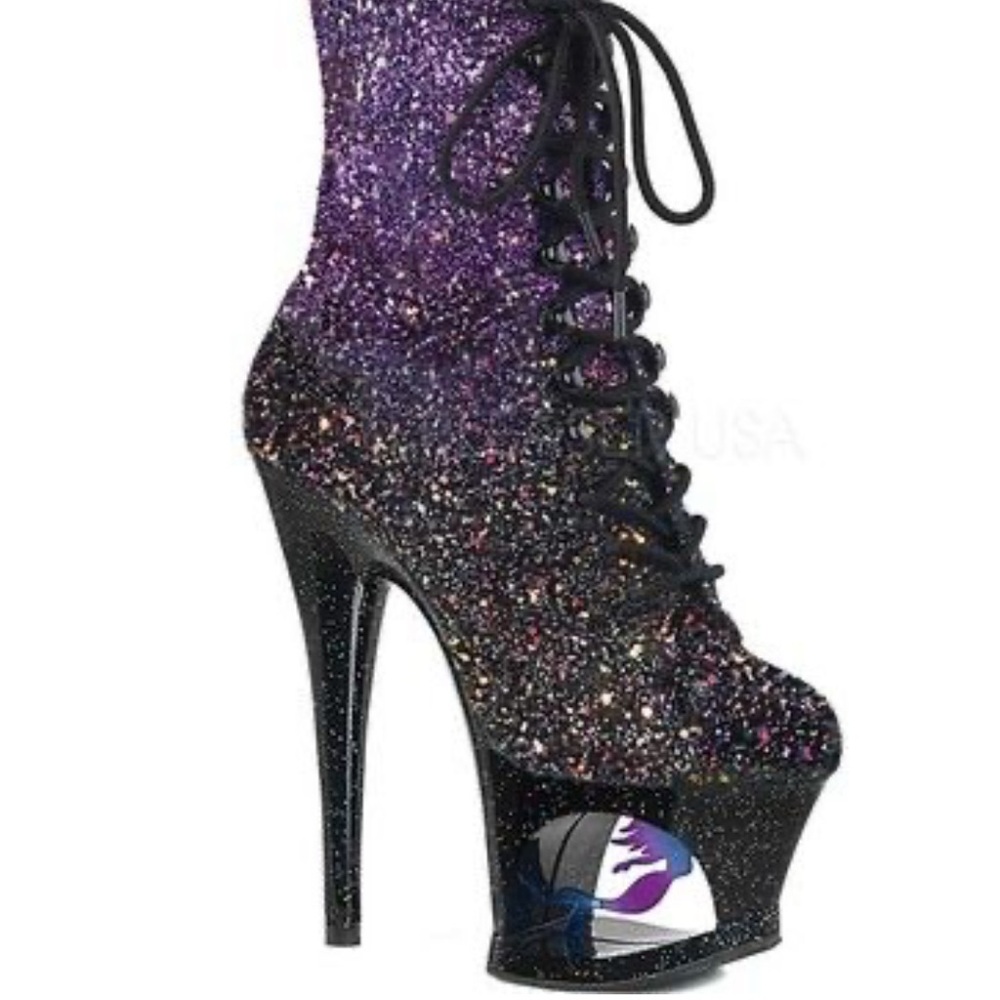 Pleaser Mermaid Ankle Boots- Purple Glitter 7 inch heel Black/Purple | Size: 9
